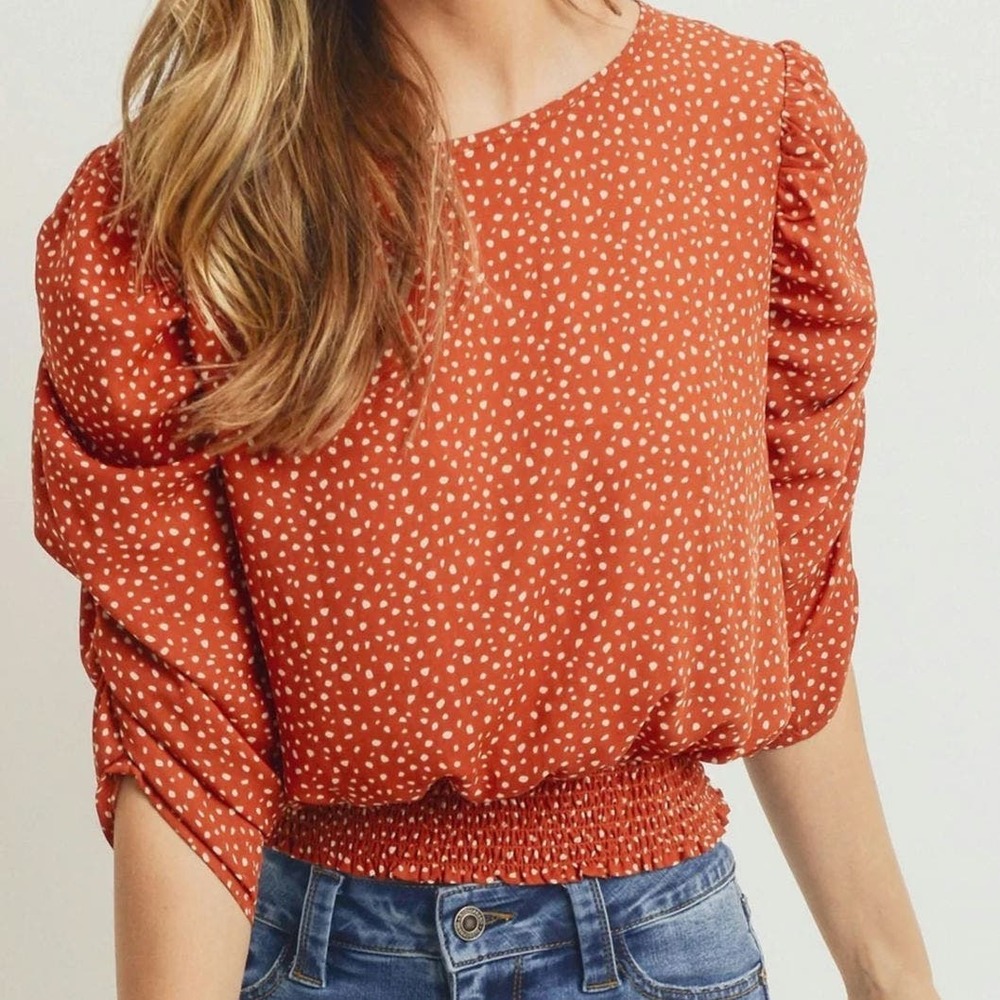 Paper Crane Smocked Band Top Shirring Puff Sleeves Burnt Orange Dot Print  XS - Picture 9 of 9